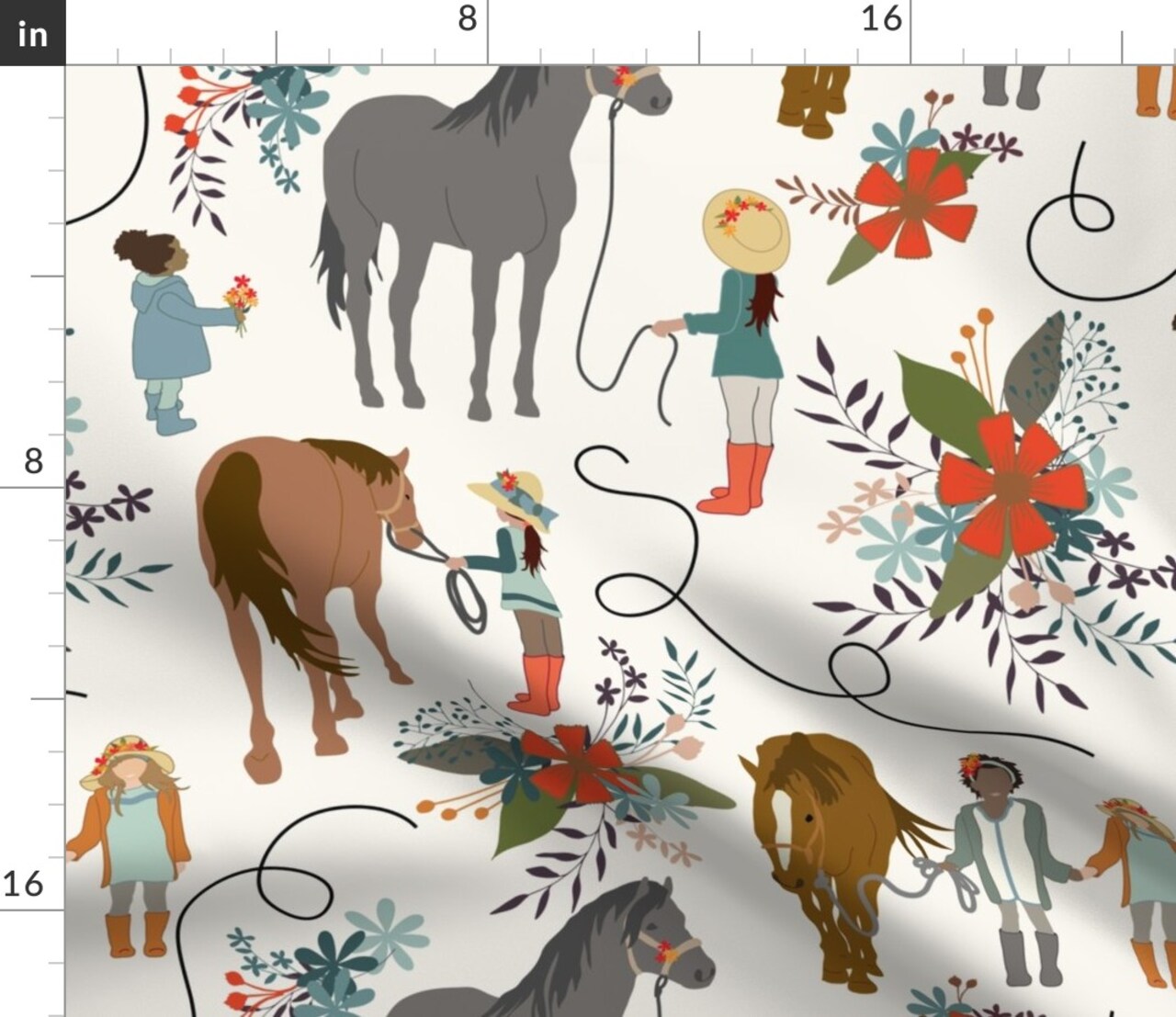 Horses Girls Black Horse Racing Kids Flowers Children Equestrian Custom Printed Fabric by Spoonflower Various Fabrics by the Yard or Fat Quarter